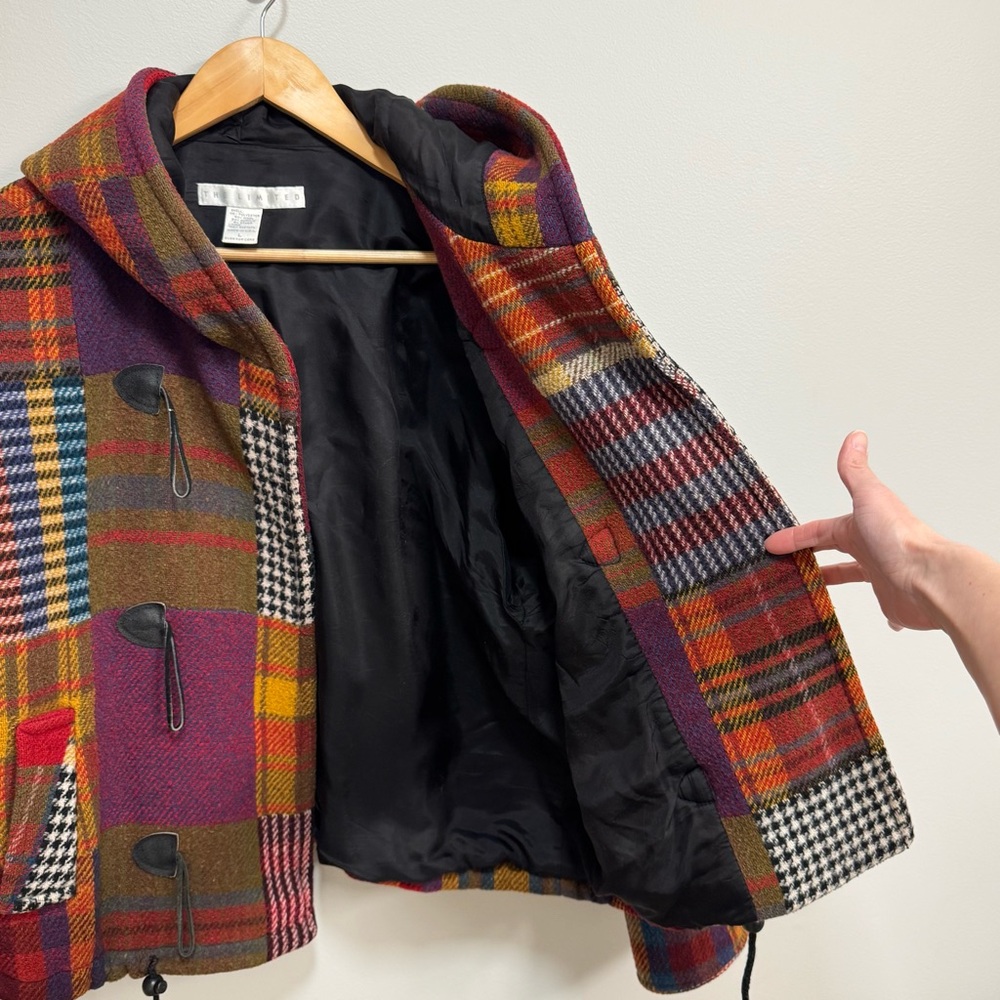 Vintage 90s The Limited Multicolored Plaid Patchwork Hooded Toggle Jacket L - Picture 6 of 13